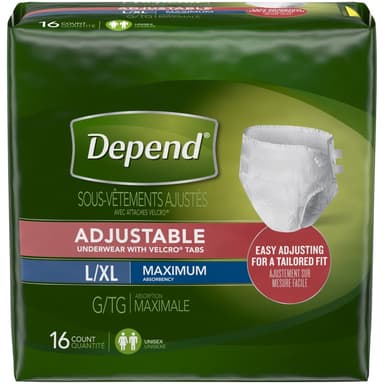 DEPEND ADJUSTABLE L-XL MAXIMUM ABSORBENCY UNDERWEAR X 16 COUNTS