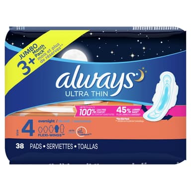 ALWAYS ULTRA THIN OVERNIGHT PAD WITH FLEXI WINGS X 38 PADS