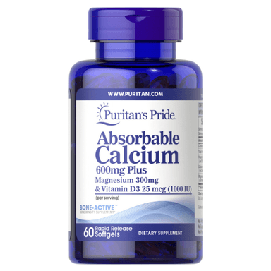 PURITANS PRIDE ABSORBABLE CALCIUM 600MG PLUS MAGNESIUM 300MG, VIT D3 25MCG X 60 CAPS